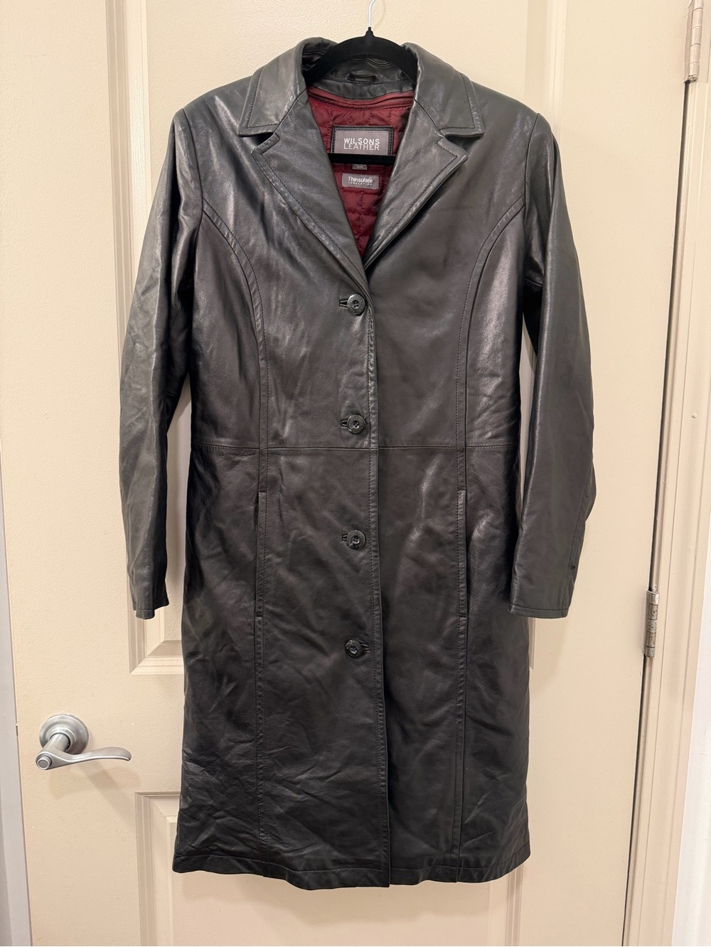 Vintage Y2K 90s Wilson’s Leather Trench Coat Black Long Jacket